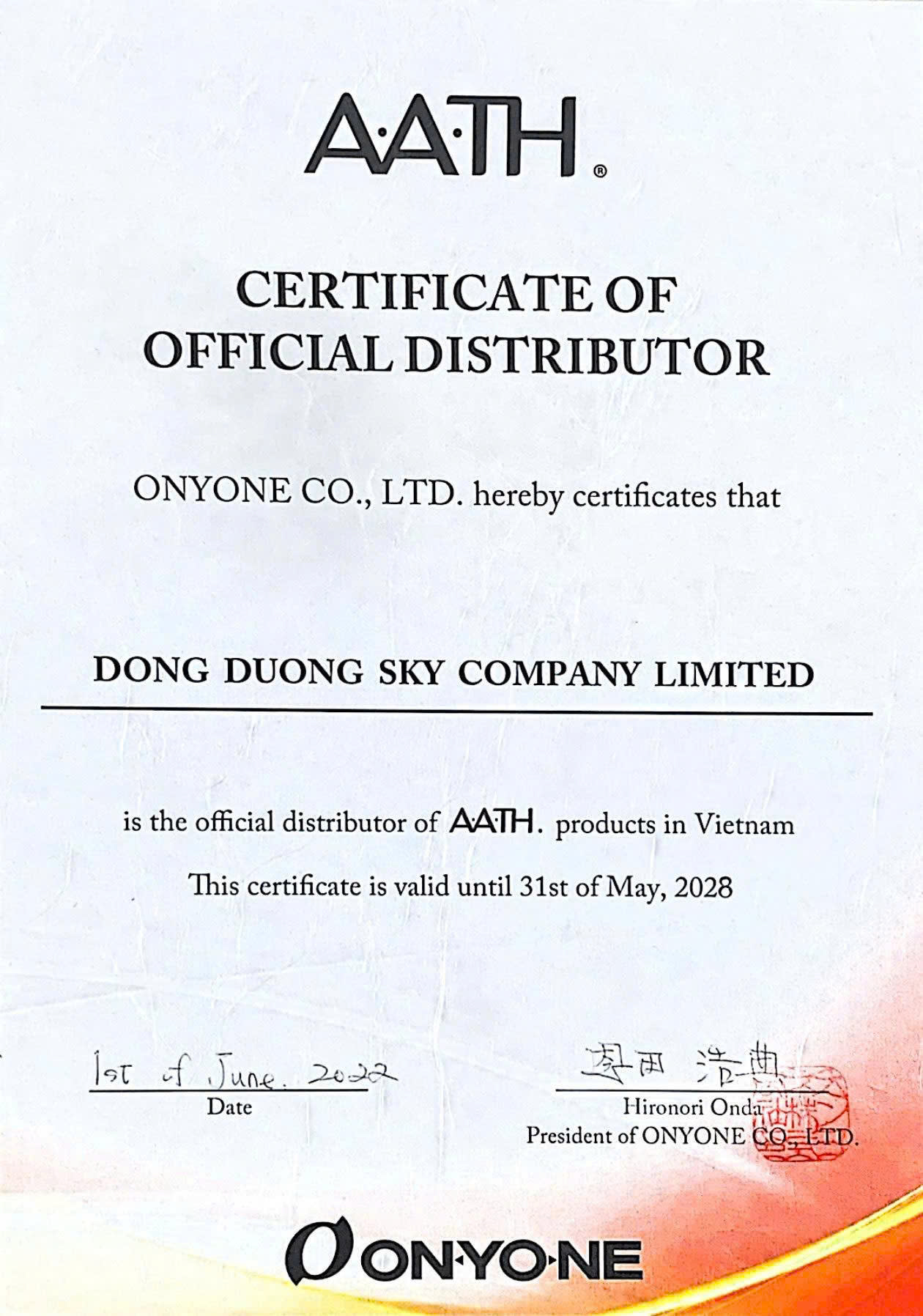 Onyone chung nhan Dong Duong Sky la nha phan phoi chinh thuc tai Viet Nam