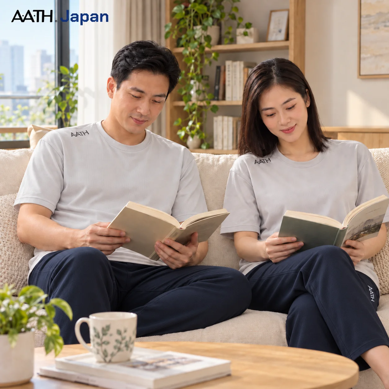người mẫu nam và nữ mặc áo thun và quần thun nano AATH nhật bản trong sinh hoạt hàng ngay