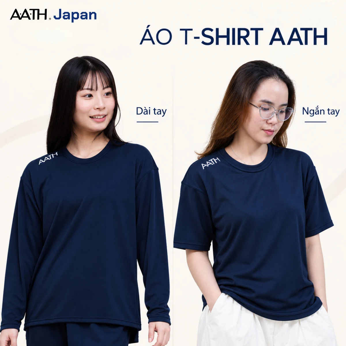 Áo thun AATH màu xanh navy phiên bản dài tay và ngắn tay trên người mẫu nữ.